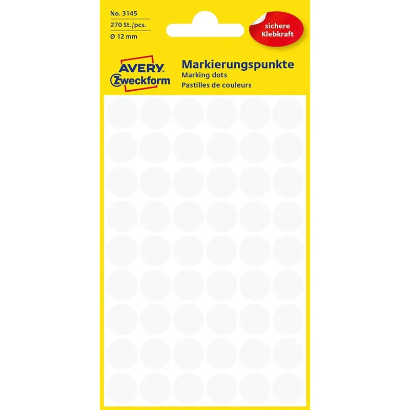 AVERY Zweckform 3145 selbstklebende Markierungspunkte 270 Stück (Ø12mm, Klebepunkte auf 5 Bogen, Punktaufkleber zur Farbcodierung, runde Aufkleber für Kalender, Planer und zum Basteln, Papier) weiß