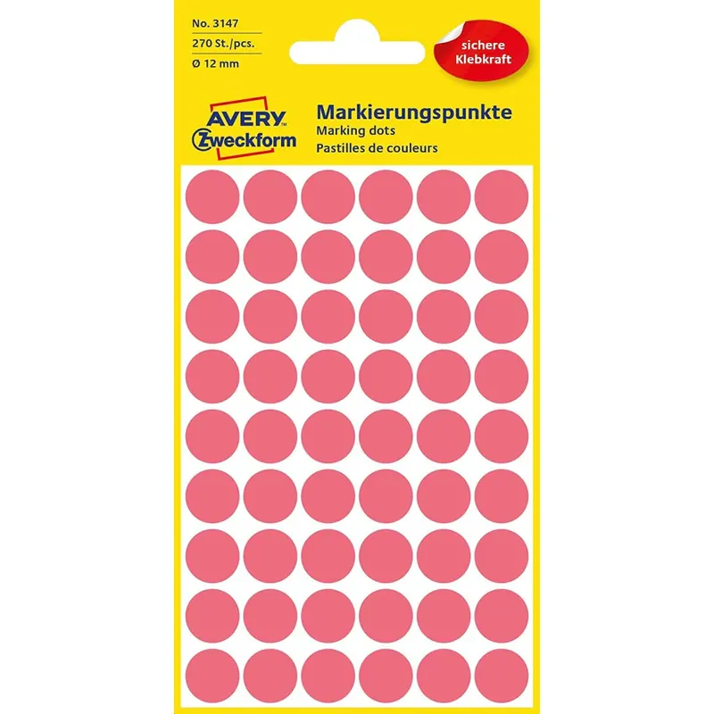 AVERY Zweckform 3147 selbstklebende Markierungspunkte (Ø 12 mm, 270 Klebepunkte auf 5 Bogen, runde Aufkleber für Kalender, Planer und zum Basteln, Papier, matt) leuchtrot