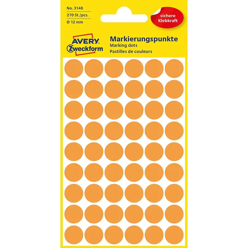 AVERY Zweckform 3148 selbstklebende Markierungspunkte (Ø 12 mm, 270 Klebepunkte auf 5 Bogen, runde Aufkleber für Kalender, Planer und zum Basteln, Papier, matt) neonorange