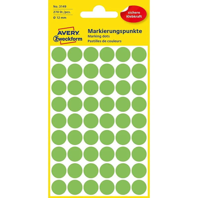 AVERY Zweckform 3149 selbstklebende Markierungspunkte (Ø 12 mm, 270 Klebepunkte auf 5 Bogen, runde Aufkleber für Kalender, Planer und zum Basteln, Papier, matt) leuchtgrün