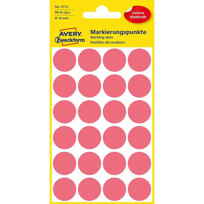 AVERY Zweckform 3172 selbstklebende Markierungspunkte (Ø 18 mm, 96 Klebepunkte auf 4 Bogen, runde Aufkleber für Kalender, Planer und zum Basteln, Papier, matt) leuchtrot