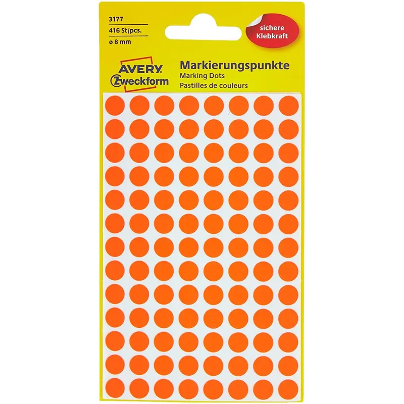 AVERY Zweckform 3177 selbstklebende Markierungspunkte (Ø 8 mm, 416 Klebepunkte auf 4 Bogen, runde Aufkleber für Kalender, Planer und zum Basteln, Papier, matt) Orange