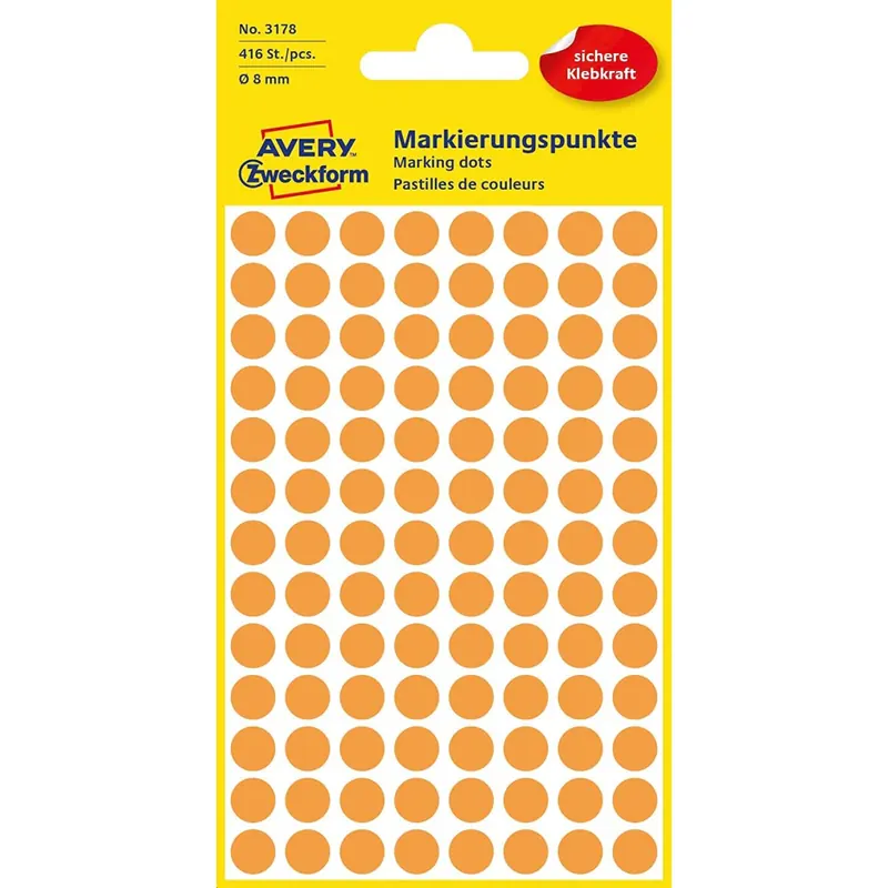 AVERY Zweckform 3178 selbstklebende Markierungspunkte (Ø 8 mm, 416 Klebepunkte auf 4 Bogen, runde Aufkleber für Kalender, Planer und zum Basteln, Papier, matt) neonorange