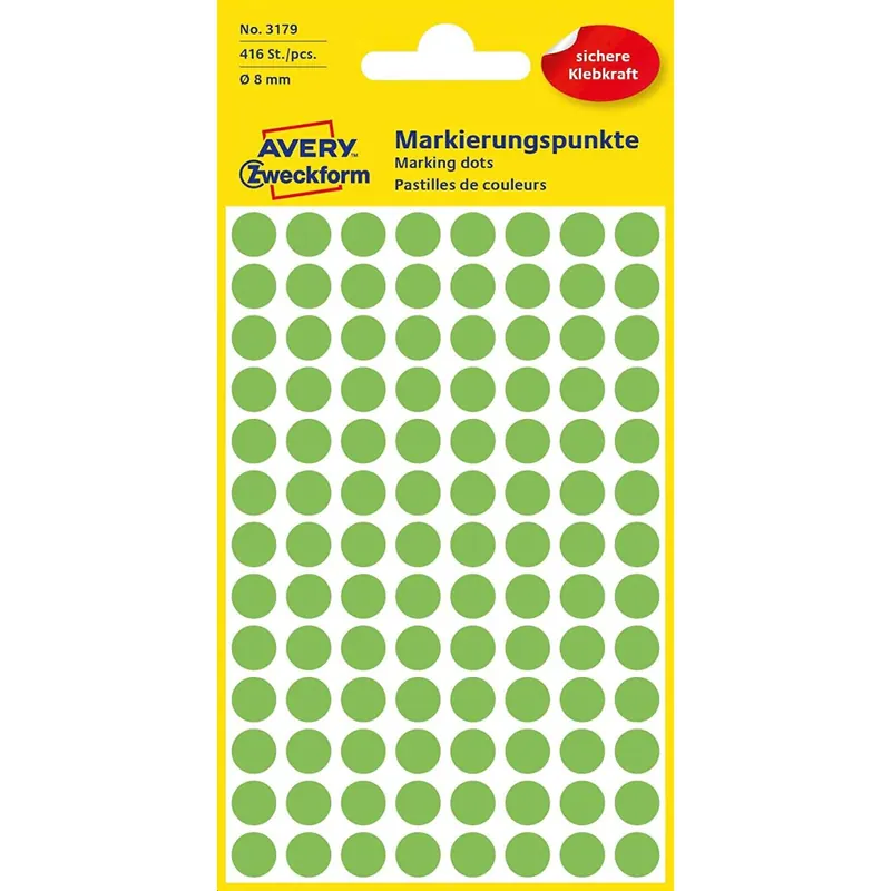 AVERY Zweckform 3179 selbstklebende Markierungspunkte (Ø 8 mm, 416 Klebepunkte auf 4 Bogen, runde Aufkleber für Kalender, Planer und zum Basteln, Papier, matt) leuchtgrün