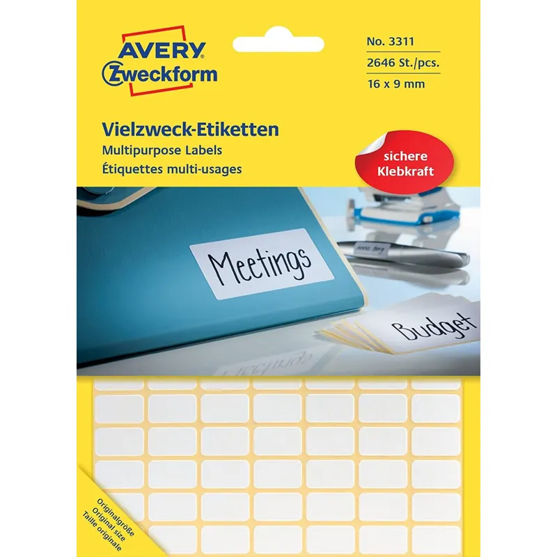 Avery Zweckform 3311 Haushaltsetiketten selbstklebend (16 x 9 mm, 2.646 Aufkleber auf 27 Bogen, Vielzweck-Etiketten für Haushalt, Schule und Büro zum Beschriften und Kennzeichnen) blanko, weiß