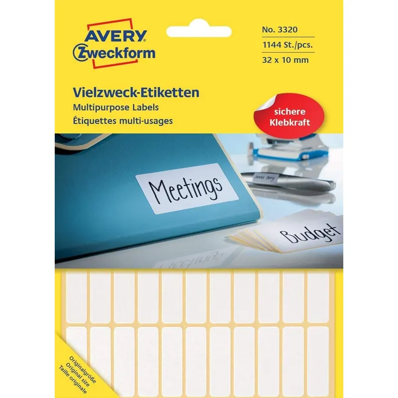Avery Zweckform 3320 Haushaltsetiketten selbstklebend (31x10mm, 1.144 Aufkleber auf 26 Bogen, Vielzweck-Etiketten für Haushalt, Schule und Büro zum Beschriften und Kennzeichnen) blanko, weiß