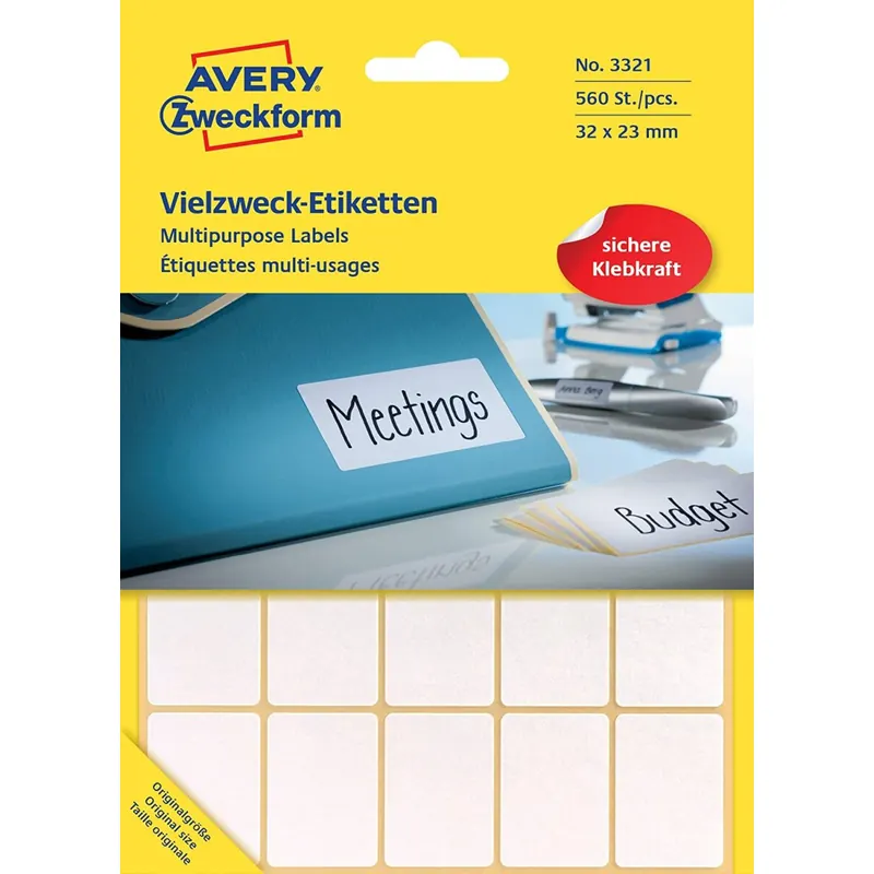 Avery Zweckform 3321 Haushaltsetiketten selbstklebend (32 x 23 mm, 560 Aufkleber auf 28 Bogen, Vielzweck-Etiketten für Haushalt, Schule und Büro zum Beschriften und Kennzeichnen) blanko, weiß