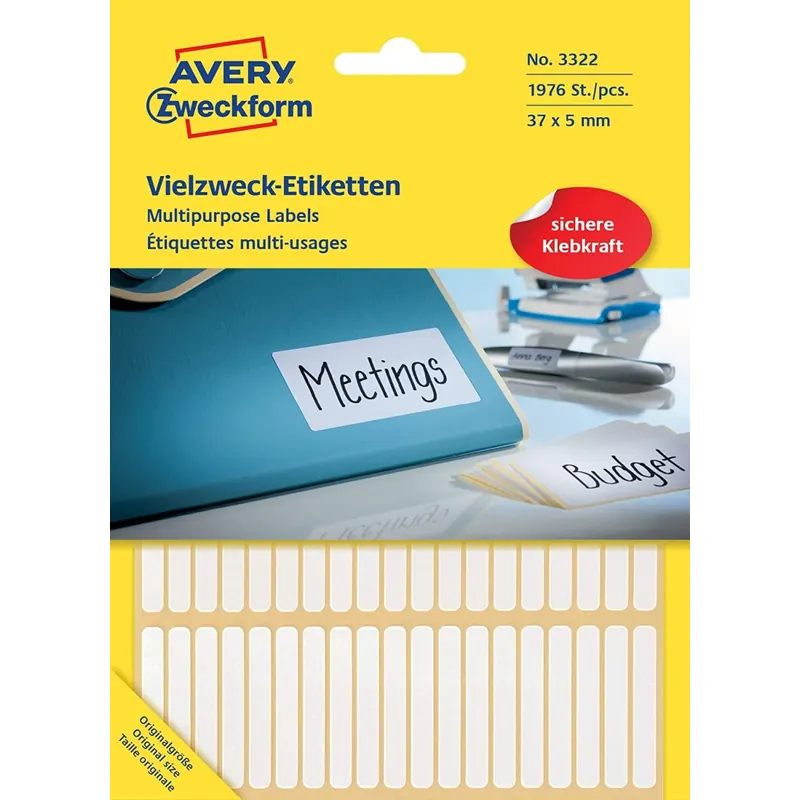 Avery Zweckform 3322 Haushaltsetiketten selbstklebend (37 x 5 mm, 1.976 Aufkleber auf 26 Bogen, Vielzweck-Etiketten für Haushalt, Schule und Büro zum Beschriften und Kennzeichnen) blanko, weiß