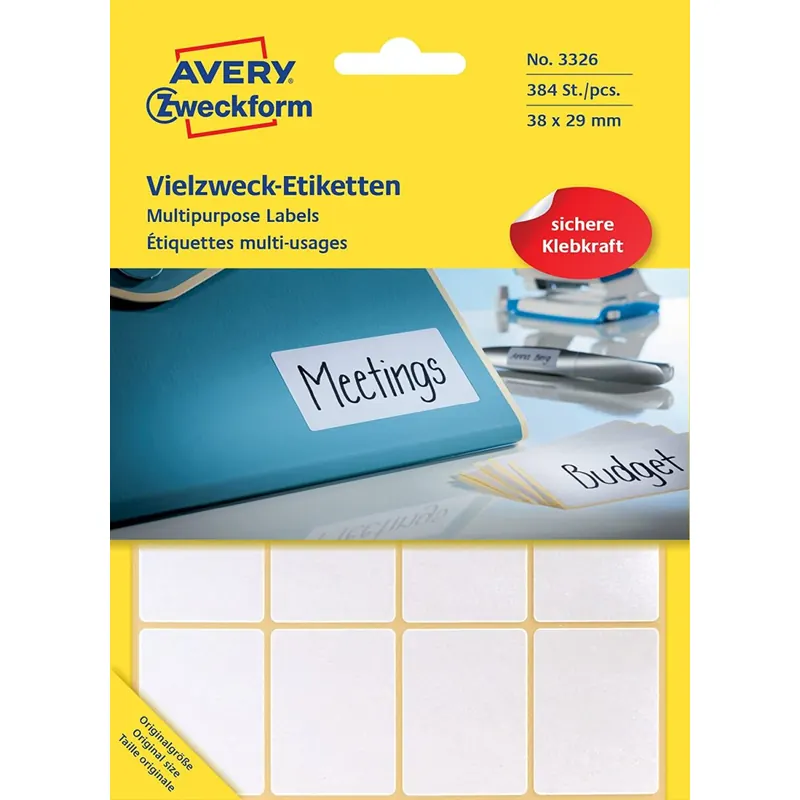 Avery Zweckform 3326 Haushaltsetiketten selbstklebend (38 x 29 mm, 384 Aufkleber auf 24 Bogen, Vielzweck-Etiketten für Haushalt, Schule und Büro zum Beschriften und Kennzeichnen) blanko, weiß