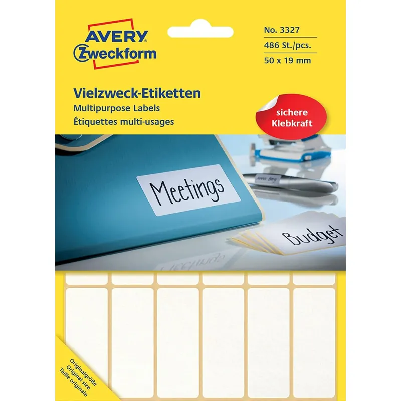 Avery Zweckform 3327 Haushaltsetiketten selbstklebend (50 x 19 mm, 486 Aufkleber auf 27 Bogen, Vielzweck-Etiketten für Haushalt, Schule und Büro zum Beschriften und Kennzeichnen) blanko, weiß
