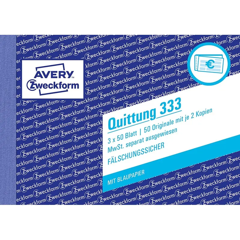 AVERY Zweckform 333 Quittungsblock (A6 quer, 3x50 Blatt, mit Durchschlag, fälschungssicher, separat ausgewiesene MwSt., für Deutschland und Österreich) weiß