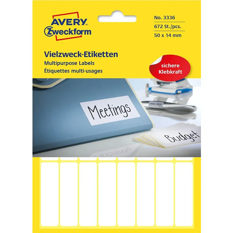 Avery Zweckform 3336 Haushaltsetiketten selbstklebend (50 x 14 mm, 672 Aufkleber auf 28 Bogen, Vielzweck-Etiketten für Haushalt, Schule und Büro zum Beschriften und Kennzeichnen) blanko, weiß