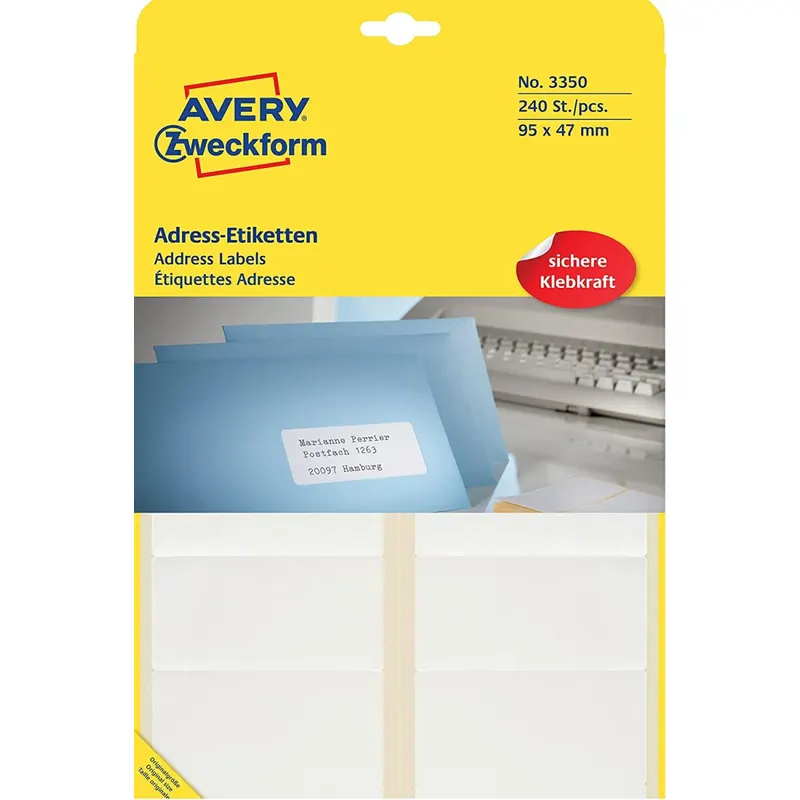 AVERY Zweckform 3350 Adress-Etiketten (Papier matt, 240 Etiketten, 95 x 47 mm, 20 Blatt) weiß