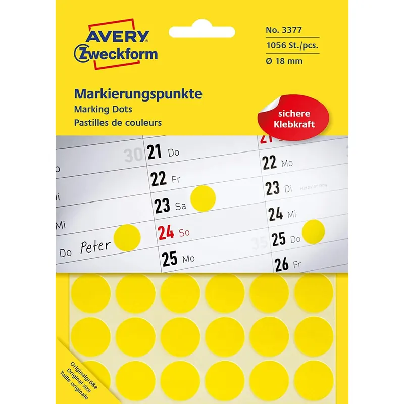 AVERY Zweckform 3377 selbstklebende Markierungspunkte (Ø 18 mm, 1.056 Klebepunkte auf 22 Bogen, runde Aufkleber für Kalender, Planer und zum Basteln, Papier, matt) gelb