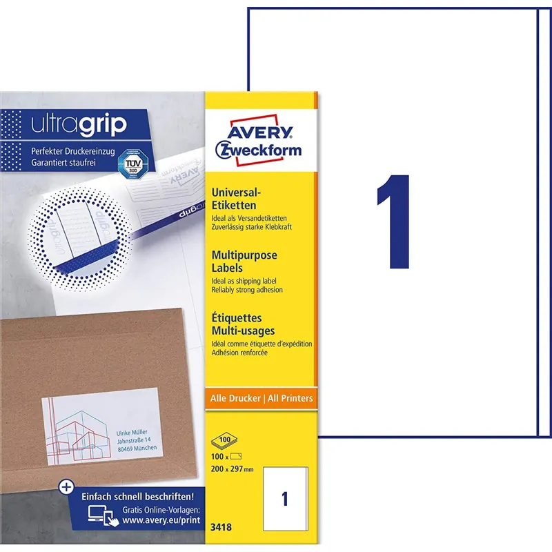 AVERY Zweckform 3418 Universal Etiketten (100 Klebeetiketten, 200x297mm auf A4, Papier matt, bedruckbare Versandetiketten, selbstklebende Versandaufkleber mit ultragrip, DHL) 100 Blatt, weiß