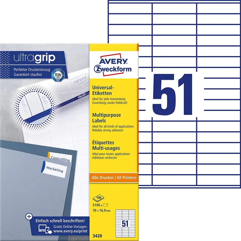 AVERY Zweckform 3420 Universal Etiketten (5.100 Klebeetiketten, 70x16,9mm auf A4, Papier matt, individuell bedruckbar, selbstklebende Aufkleber mit ultragrip) 100 Blatt, weiß