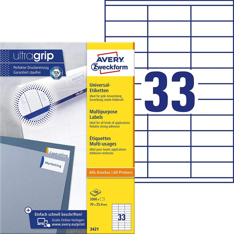 AVERY Zweckform 3421 Universal Etiketten (3.300 Klebeetiketten, 70x25,4mm auf A4, Papier matt, individuell bedruckbar, selbstklebende Aufkleber mit ultragrip) 100 Blatt, weiß