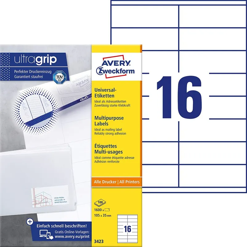AVERY Zweckform 3423 Adressaufkleber (1.600 Klebeetiketten, 105x35mm auf A4, Papier matt, individuell bedruckbare Absenderetiketten, selbstklebende Adressetiketten mit ultragrip) 100 Blatt, weiß