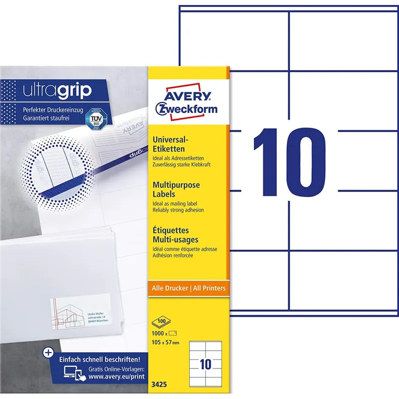 AVERY Zweckform 3425 Adressaufkleber (1.000 Klebeetiketten, 105x57mm auf A4, Papier matt, individuell bedruckbare Absenderetiketten, selbstklebende Adressetiketten mit ultragrip) 100 Blatt, weiß