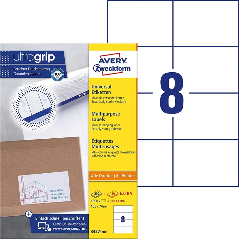 AVERY Zweckform 3427-200 Universal Etiketten (1.600 plus 160 Klebeetiketten extra, 105x74mm auf A4, bedruckbare Versandetiketten, selbstklebende Versandaufkleber mit ultragrip) 220 Blatt, weiß