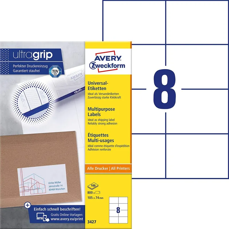 AVERY Zweckform 3427 Universal Etiketten (800 Klebeetiketten, 105x74mm auf A4, Papier matt, bedruckbare Versandetiketten, selbstklebende Versandaufkleber mit ultragrip) 100 Blatt, weiß