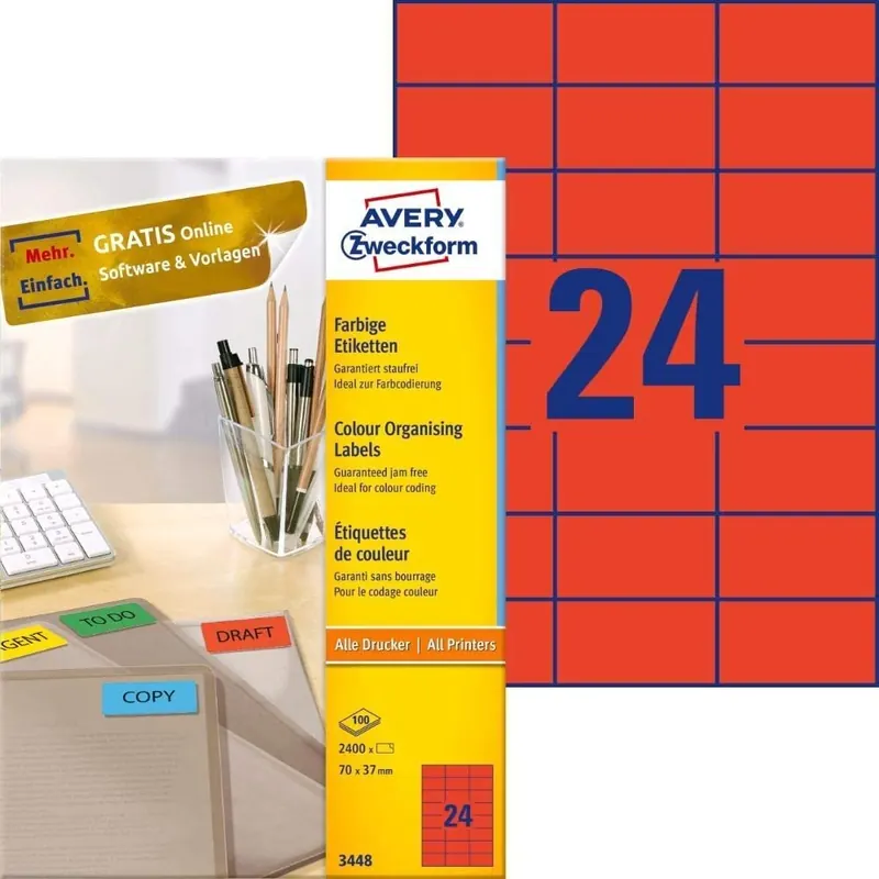 AVERY Zweckform 3448 Rote Etiketten (2.400 Aufkleber, 70x37mm auf A4, permanent haftende, selbstklebende Farbetiketten, Papier matt, bedruckbare, farbige Klebeetiketten) 100 Blatt