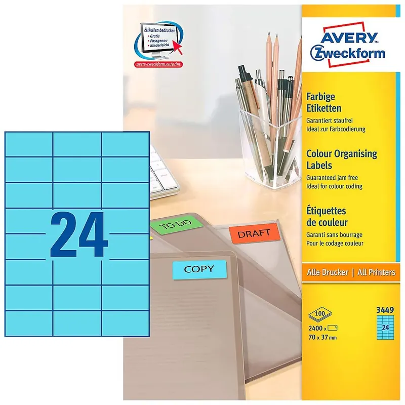 AVERY Zweckform 3449 Blaue Etiketten (2.400 Aufkleber, 70x37mm auf A4, permanent haftende, selbstklebende Farbetiketten, Papier matt, bedruckbare, farbige Klebeetiketten) 100 Blatt