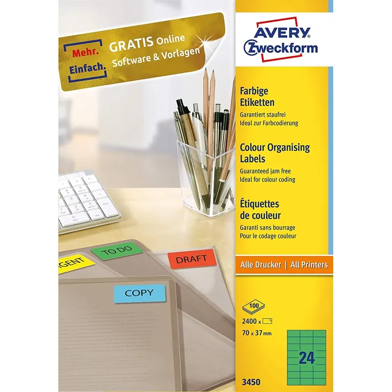AVERY Zweckform 3450 Grüne Etiketten (2.400 Aufkleber, 70x37mm auf A4, permanent haftende, selbstklebende Farbetiketten, Papier matt, bedruckbare, farbige Klebeetiketten) 100 Blatt