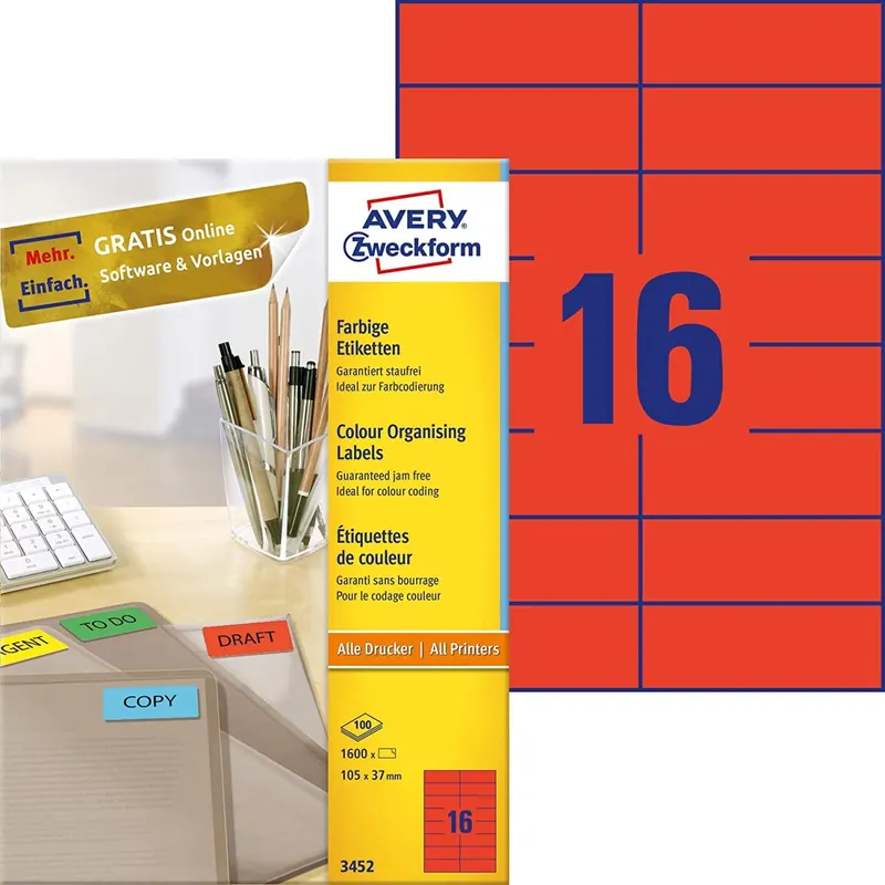 AVERY Zweckform 3452 Rote Etiketten (1.600 Aufkleber, 105x37mm auf A4, permanent haftende, selbstklebende Farbetiketten, Papier matt, bedruckbare, farbige Klebeetiketten) 100 Blatt