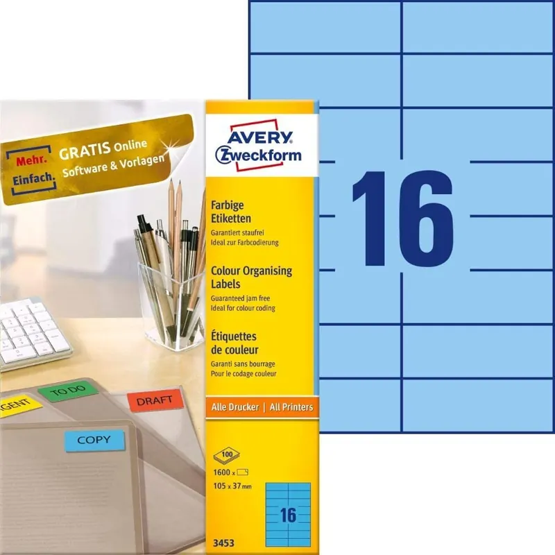 AVERY Zweckform 3453 Blaue Etiketten (1.600 Aufkleber, 105x37mm auf A4, permanent haftende, selbstklebende Farbetiketten, Papier matt, bedruckbare, farbige Klebeetiketten) 100 Blatt