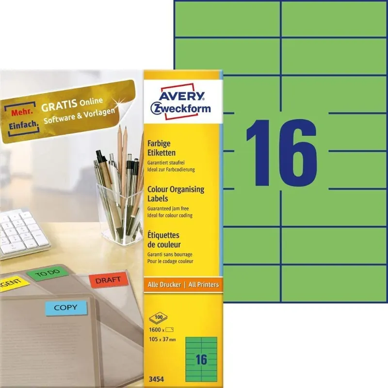 AVERY Zweckform 3454 Grüne Etiketten (1.600 Aufkleber, 105x37mm auf A4, permanent haftende, selbstklebende Farbetiketten, Papier matt, bedruckbare, farbige Klebeetiketten) 100 Blatt