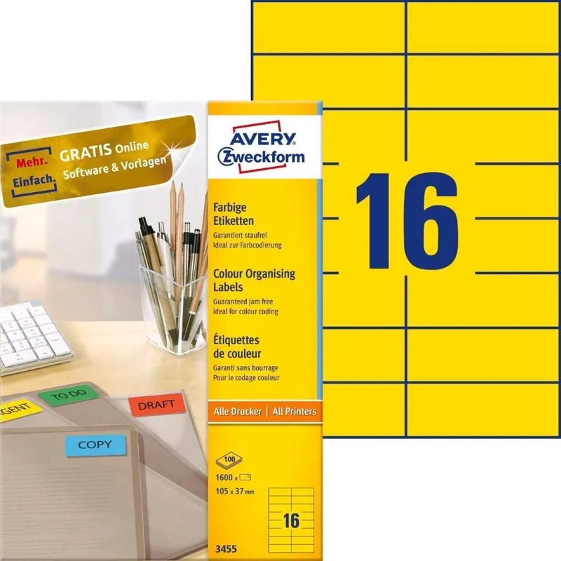 AVERY Zweckform 3455 Gelbe Etiketten (1.600 Aufkleber, 105x37mm auf A4, permanent haftende, selbstklebende Farbetiketten, Papier matt, bedruckbare, farbige Klebeetiketten) 100 Blatt