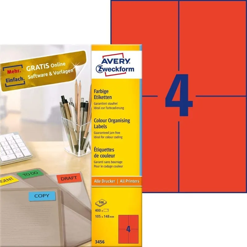 AVERY Zweckform 3456 Rote Etiketten (400 Aufkleber, 105x148mm auf A4, permanent haftende, selbstklebende Farbetiketten, Papier matt, bedruckbare, farbige Klebeetiketten) 100 Blatt