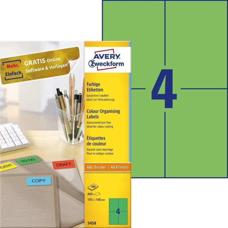 AVERY Zweckform 3458 Grüne Etiketten (400 Aufkleber, 105x148mm auf A4, permanent haftende, selbstklebende Farbetiketten, Papier matt, bedruckbare, farbige Klebeetiketten) 100 Blatt