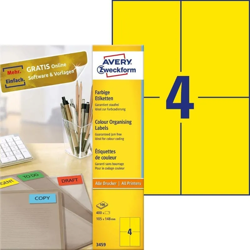 AVERY Zweckform 3459 Gelbe Etiketten (400 Aufkleber, 105x148mm auf A4, permanent haftende, selbstklebende Farbetiketten, Papier matt, bedruckbare, farbige Klebeetiketten) 100 Blatt