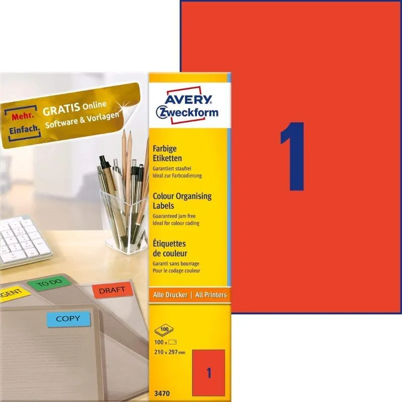 AVERY Zweckform 3470 Rote Etiketten (100 Aufkleber, 210x297mm auf A4, permanent haftende, selbstklebende Farbetiketten, Papier matt, bedruckbare, farbige Klebeetiketten) 100 Blatt