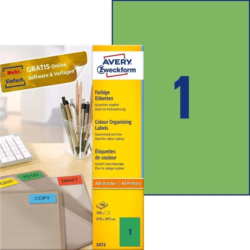 AVERY Zweckform 3472 Grüne Etiketten (100 Aufkleber, 210x297mm auf A4, permanent haftende, selbstklebende Farbetiketten, Papier matt, bedruckbare, farbige Klebeetiketten) 100 Blatt