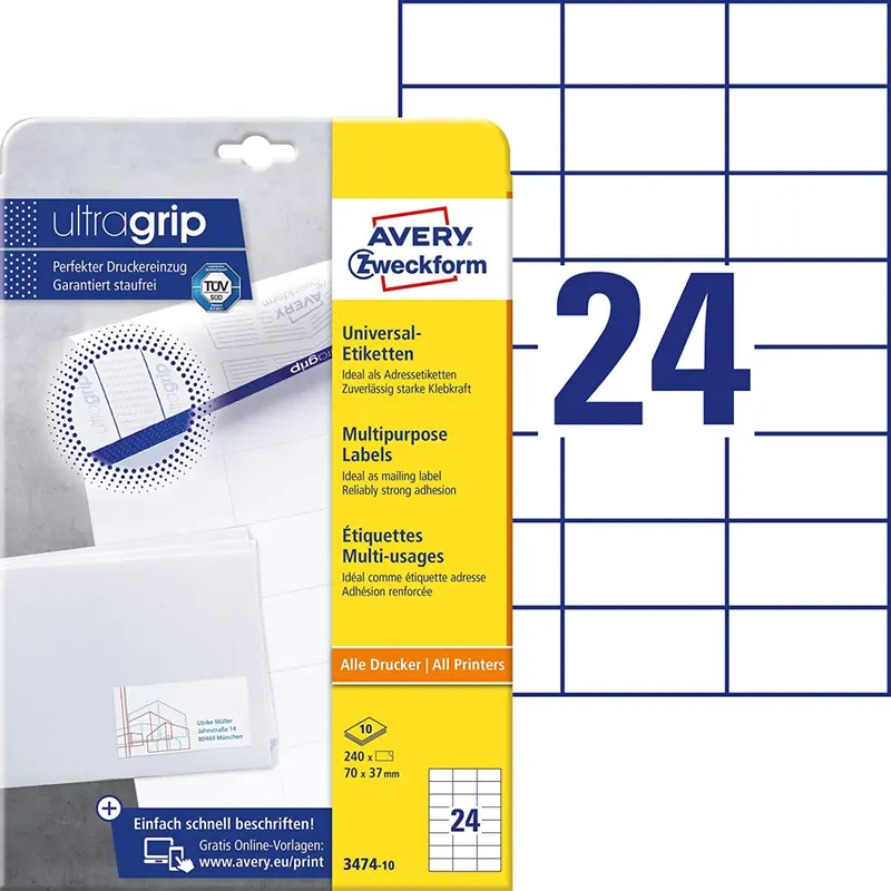 AVERY Zweckform 3474-10 Adressaufkleber (mit ultragrip, 70 x 37 mm auf DIN A4, Papier matt, bedruckbare, selbstklebende Adressetiketten, 240 Klebeetiketten auf 10 Blatt) weiß