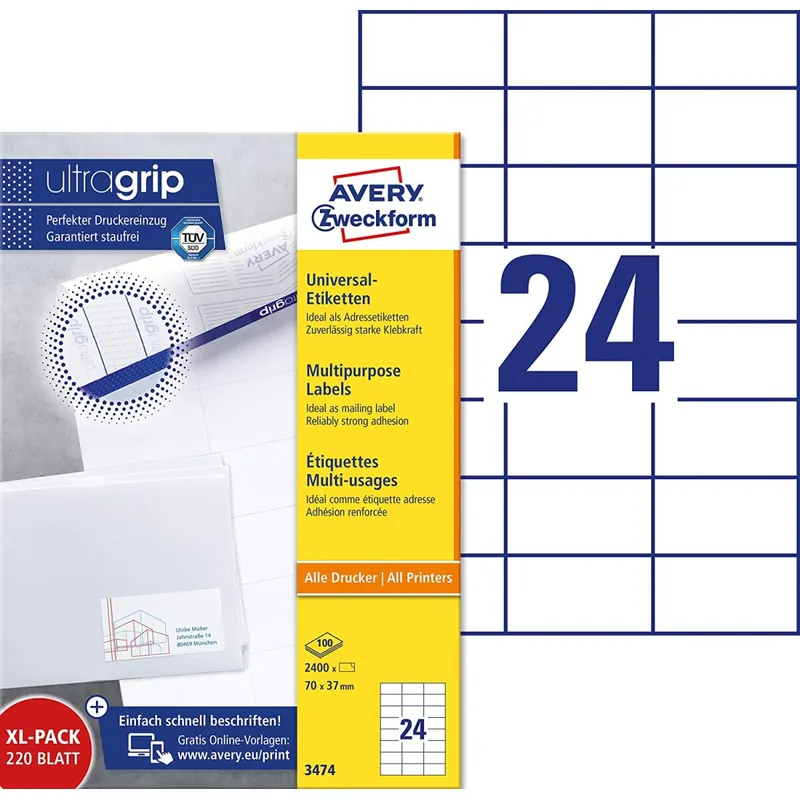 AVERY Zweckform 3474-200 Adressaufkleber (4.800 plus 480 Klebeetiketten extra, 70x37mm auf A4, Papier matt, bedruckbare Absenderetiketten, selbstklebende Adressetiketten mit ultragrip) 220 Blatt, weiß