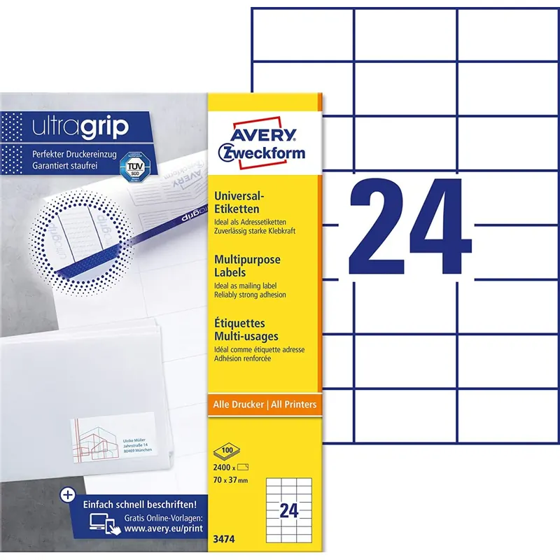 AVERY Zweckform 3474 Adressaufkleber (2.400 Klebeetiketten, 70x37mm auf A4, Papier matt, bedruckbare Absenderetiketten, selbstklebende Adressetiketten mit ultragrip) 100 Blatt, weiß