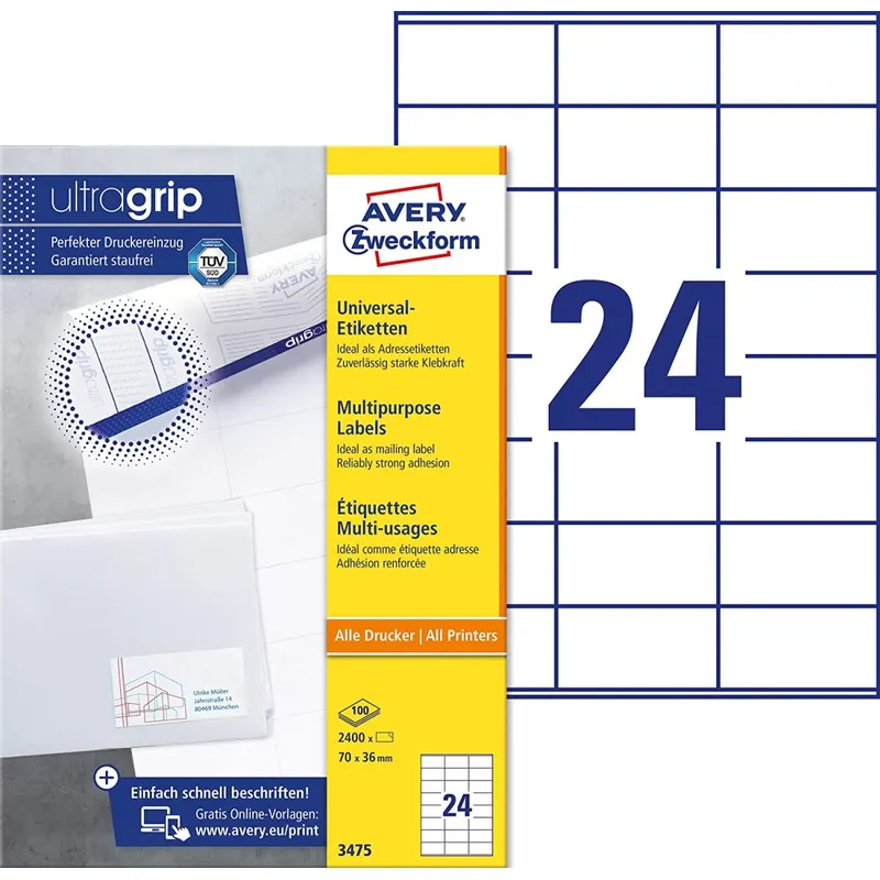 AVERY Zweckform 3475 Adressaufkleber (2.400 Klebeetiketten, 70x36mm auf A4, Papier matt, bedruckbare Absenderetiketten, selbstklebende Adressetiketten mit ultragrip) 100 Blatt, weiß