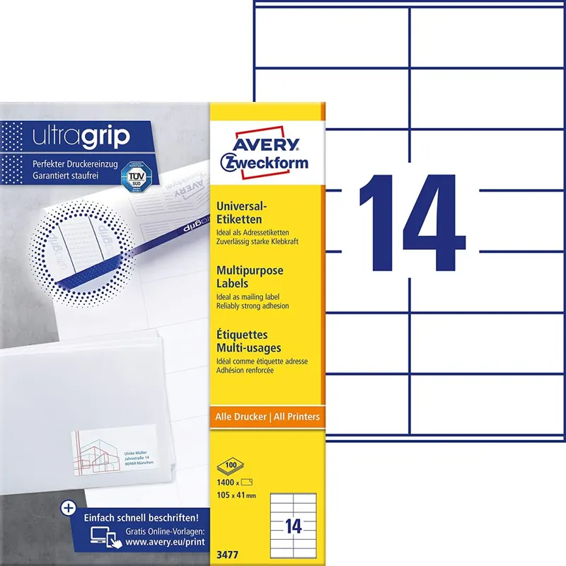 AVERY Zweckform 3477 Adressaufkleber (1.400 Klebeetiketten, 105x41mm auf A4, Papier matt, individuell bedruckbare Absenderetiketten, selbstklebende Adressetiketten mit ultragrip) 100 Blatt, weiß