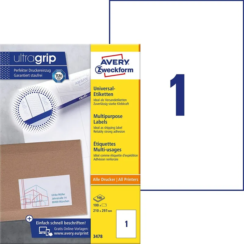 AVERY Zweckform 3478 Universal Etiketten (100 Klebeetiketten, 210x297mm, Papier matt, bedruckbare Versandetiketten, selbstklebende Versandaufkleber mit ultragrip) 100 Blatt, weiß
