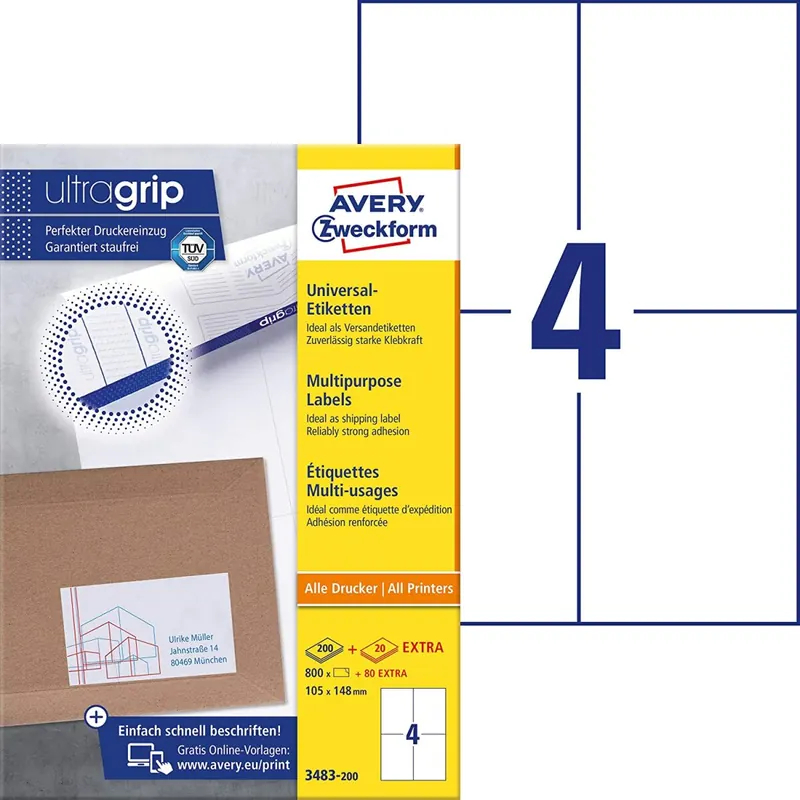 AVERY Zweckform 3483-200 Universal Etiketten (800 plus 80 Klebeetiketten extra, 105x148mm auf A4, bedruckbare Versandetiketten, selbstklebende Versandaufkleber mit ultragrip) 220 Blatt, weiß