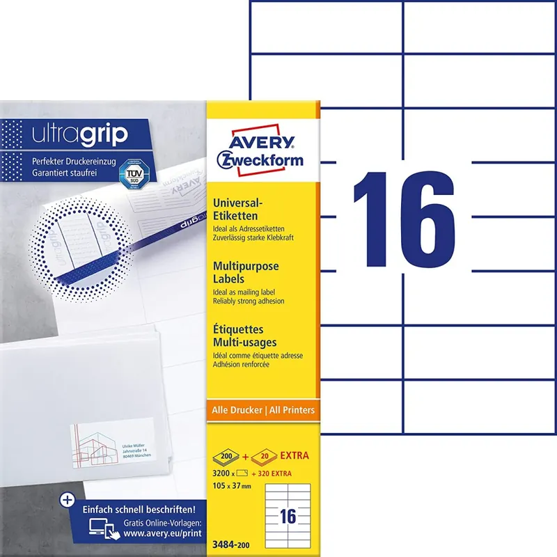 AVERY Zweckform 3484-200 Adressaufkleber (3.200 plus 320 Klebeetiketten extra, 105x37mm auf A4, bedruckbare Absenderetiketten, selbstklebende Adressetiketten mit ultragrip) 220 Blatt, weiß