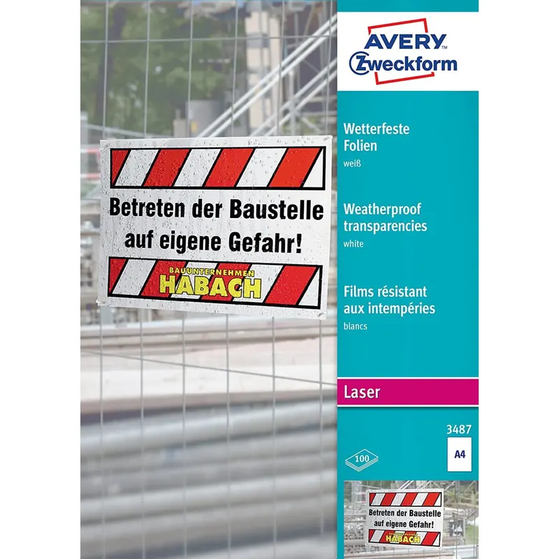 AVERY Zweckform 3487 Wetterfeste Folien, extrem strapazierfähig (A4, 210x297 mm, 100 Folien auf 100 Bogen, bedruckbar,stapelverarbeitbar, zur Kennzeichnung im Innen- und Außenbereich) weiß
