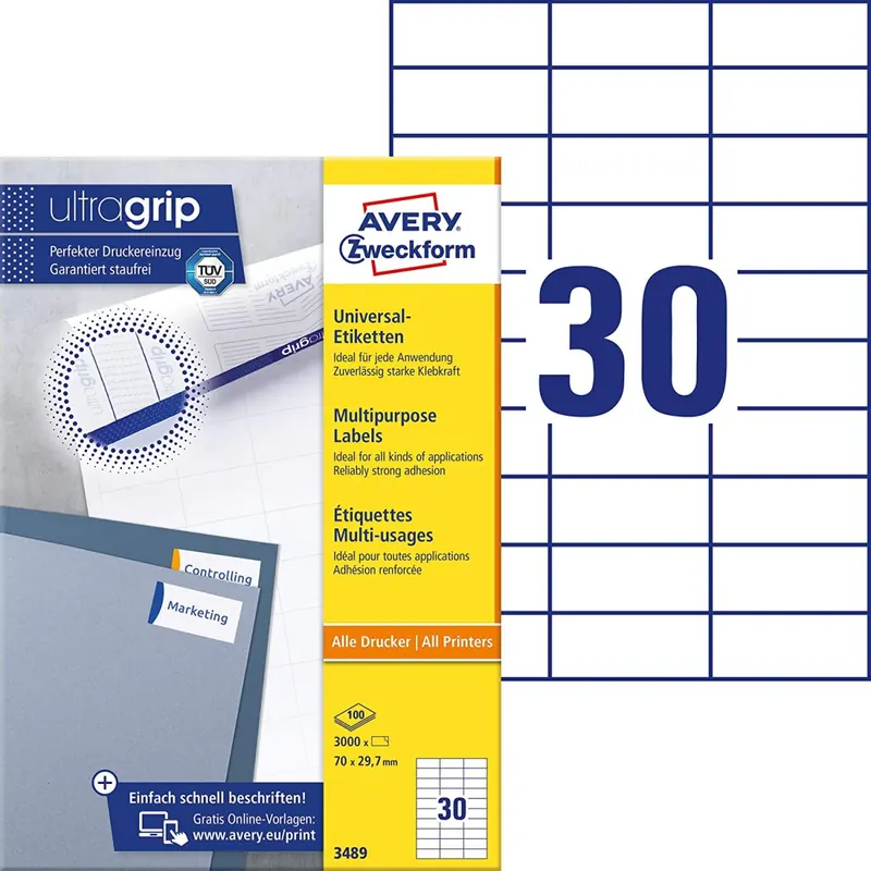 AVERY Zweckform 3489 Universal Etiketten (3.000 Klebeetiketten, 70x29,7mm auf A4, Papier matt, individuell bedruckbar, selbstklebende Aufkleber mit ultragrip) 100 Blatt, weiß