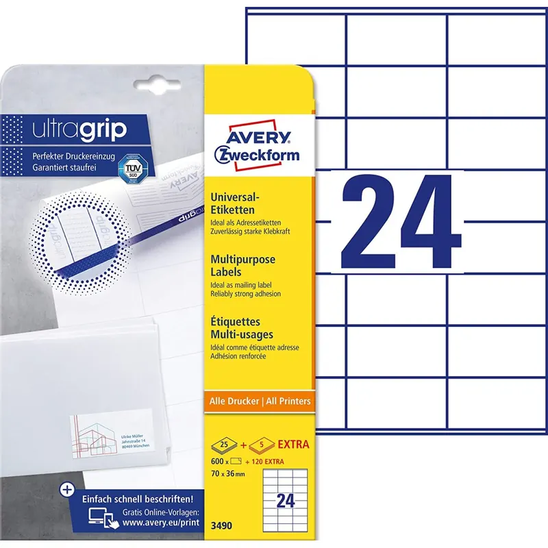 AVERY Zweckform 3490 Adressaufkleber (600 plus 120 Klebeetiketten extra, 70x36mm auf A4, Papier matt, bedruckbare Absenderetiketten, selbstklebende Adressetiketten mit ultragrip) 30 Blatt, weiß