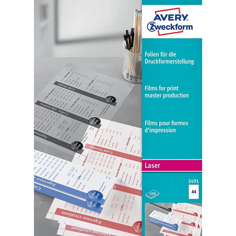 AVERY Zweckform 3491 Laserfolien - Transparentfilme für die Druckformerstellung (100 Stück, A4, matt beschichtet, stapelverarbeitbar, für S/W Laserdrucker, Folienstärke 0,10mm)