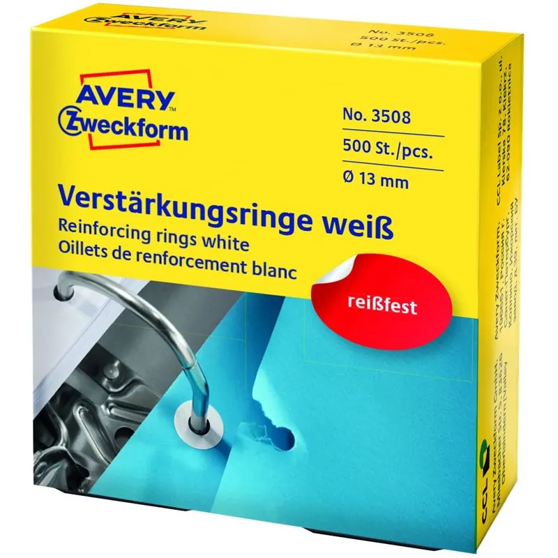 AVERY Zweckform 3508 Lochverstärker selbstklebend 500 Stück (Ø13mm, Lochverstärkungsringe auf Rolle, permanent haftende Ringverstärker, Ringlochverstärker fürs Abheften, reißfeste Folie) weiß